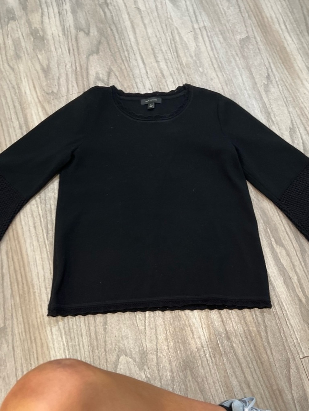 Ann Taylor Black Long Sleeve Knit Top with Subtle Trim